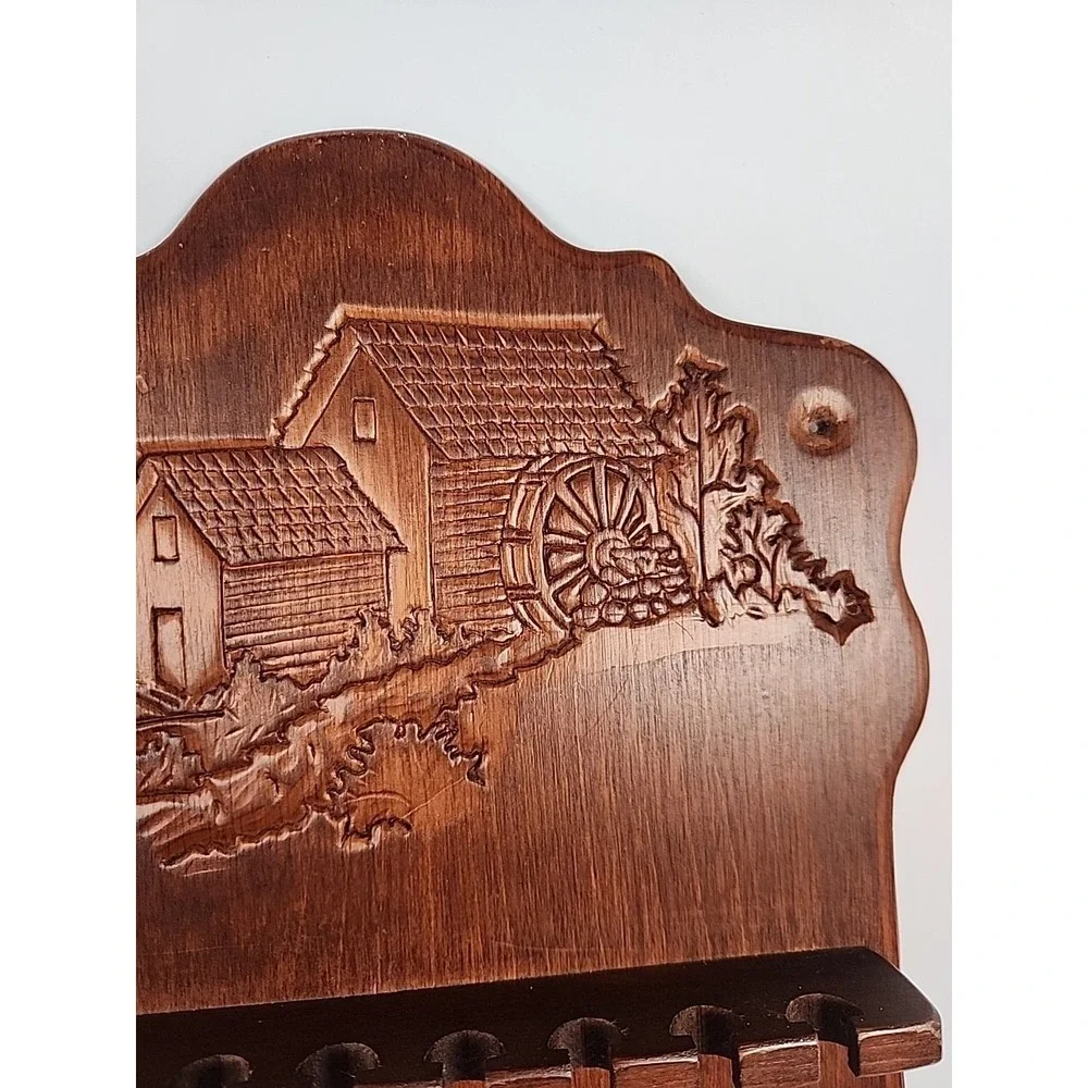 Vintage Carved Wood Water Mill Souvenir Spoon Rack Wall Display Holds 16
